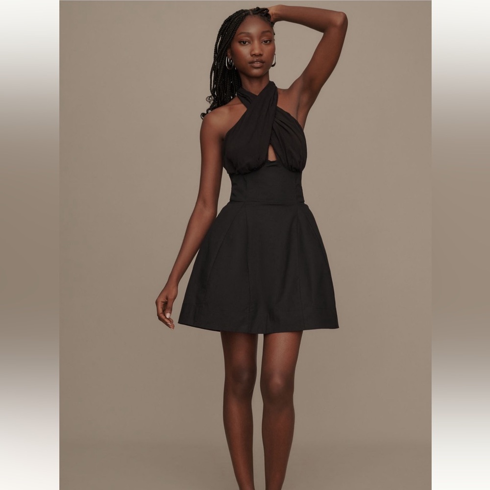 Anthropologie Glam Coquette Halter Fit & Flare Mini Dress NWT Medium Black LBD